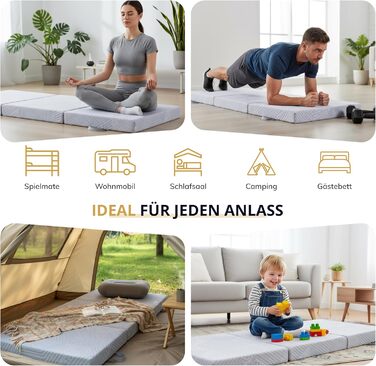 Складаний матрац EGO Home 65x196 см, 3-секційний складаний матрац, рівень жорсткості H3, висота 10 см, складаний матрац з гелевого пінопласту 196x65 см для подорожей, кемпінгу, використання на свіжому повітрі, підлога, гостьове ліжко, сертифікований Oeko-