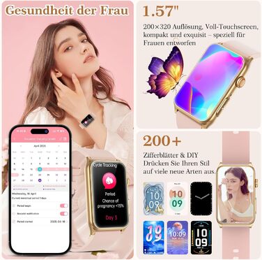 Новий смарт-годинник 2026 року для жінок з ЕКГ/годинником на батарейках/ІМТ/ВСР/монітором сечової кислоти/артеріального тиску/монітором сну/апное, 1,57-дюймовий годинник для здоров&39я та фітнесу з функцією телефону, 24-годинний монітор серцевого ритму, S