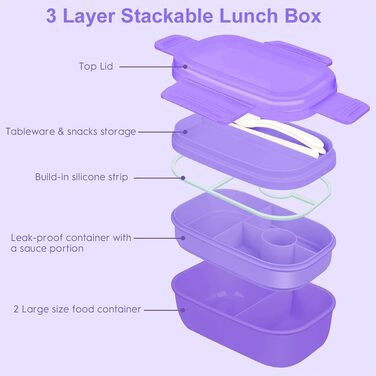 Великий обідній бокс-бенто для дорослих, 1901 мл, герметичний контейнер для ланчу з набором столових приборів для роботи, пікніка та їжі. Колір фіолетовий