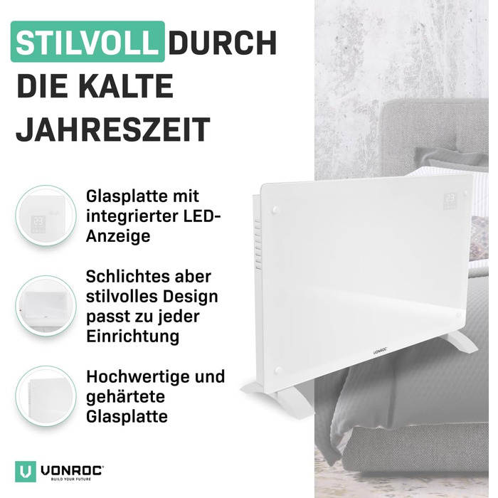 Енергозберігаючий електричний обігрівач VONROC 2000 Вт - Конвекторний обігрівач для приміщень площею до 24 кв. м - Портативний електричний обігрівач Керування за допомогою додатку/сенсорне керування - Радіатор 2-в-1 для настінного/підлогового монтажу - Бі