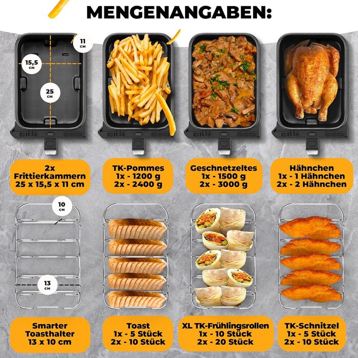 Л, 2400 Вт, 80-200 C, функція струшування розроблена STILLSTERN, Same-End, 120 рецептів GERMAN, 8 програм, зневоднення, розморожування та підтримання тепла, фритюрниця чорна, 1-8 Pers 2x4 8