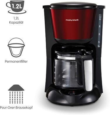 Кавоварка з фільтром Morphy Richards 162752EE зі скляним глечиком, нержавіюча сталь/червоний червоний - скляний глечик