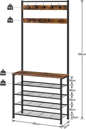 Вішалка для одягу HOOBRO, Вішалка для взуття з шафою, Вішалка для одягу з місцем для зберігання взуття, Шафа для взуття з 5 полицями, для передпокою, Темно-коричневий EBF80MT01G2 80 x 32 x 190 см (Д x Ш x В) Вінтажний коричневий чорний