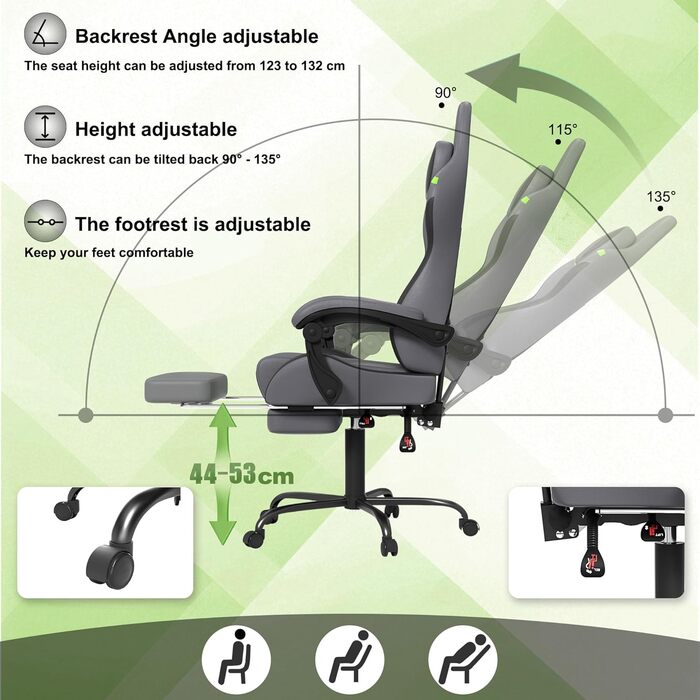 Ігрове крісло з масажем, сіре, ігрове крісло з підставкою для ніг, підголівником та масажною поперековою подушкою, ергономічне офісне крісло, регульована висота для геймерів, ігрова кімната, офіс