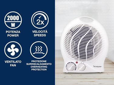 Тепловентилятор BEPER P203TER202, 2000 Вт, 2 рівні потужності, компактний вентилятор з регульованим термостатом, еко-режимом та автоматичним вимкненням, білий