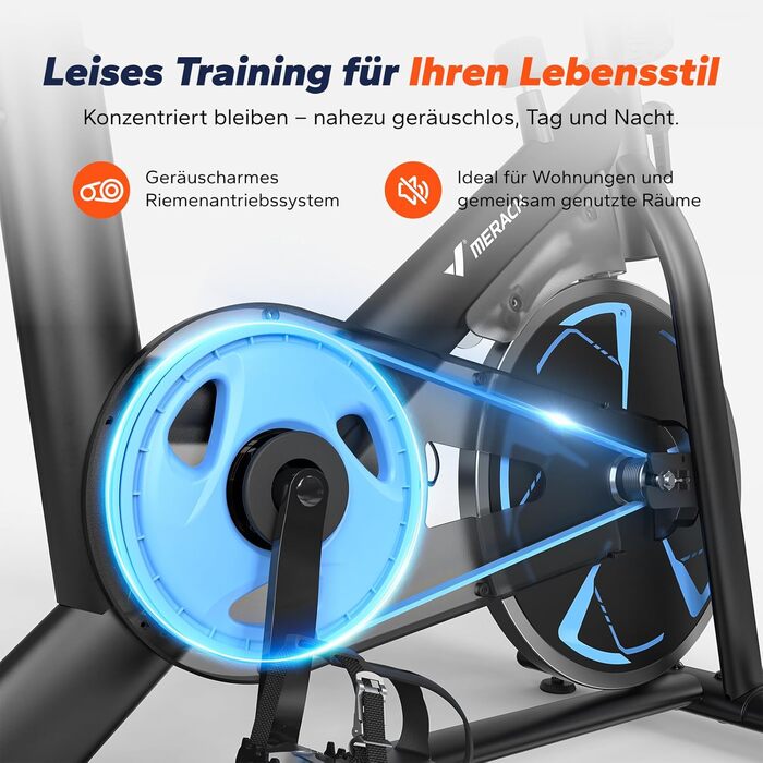 Велотренажер MERACH з магнітним опором, тихий домашній тренажер з покращеним амортизуючим сідлом на повітряній подушкі, спеціалізований додаток, стабільна H-подібна рама для кращої підтримки, до 150 кг, синій