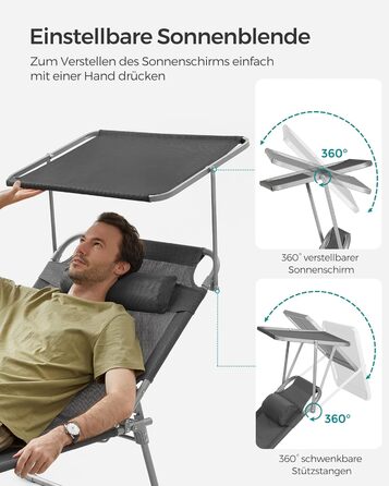 Великий складаний шезлонг SONGMICS, 200 x 71 x 38 см, вантажопідйомність 150 кг, з сонцезахисним тентом та регульованою спинкою, для саду, басейну, тераси, темно-сірий GCB22GYV2 антрацит