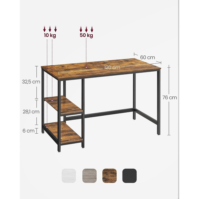 Стіл VASAGLE, комп'ютерний стіл, стіл для ПК, офісний стіл, з 2 полицями з правого або лівого боку, для офісу, вітальні, сталевий