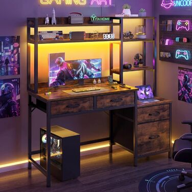 Комп&39ютерний стіл YITAHOME з шухлядами, кутовий комп&39ютерний стіл для домашнього офісу з місцем для зберігання та полицями, ігровий стіл-робоча станція зі світлодіодним освітленням та розетками, кутовий стіл, вінтажний коричневий