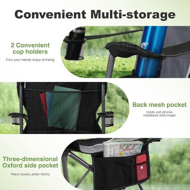 Крісло для кемпінгу LET&39S CAMP, складне крісло, складане рибальське крісло з тримачами для напоїв та сумкою для перенесення, складне крісло XL до 160 кг, чорно-сіре