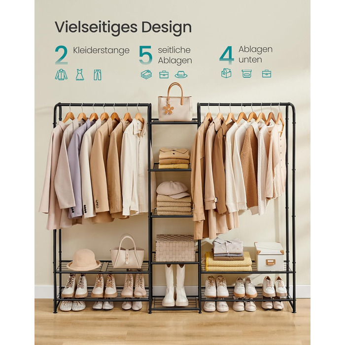 Вішалка для одягу, Відкрита шафа, Вішалка для одягу, Вішалка для пальто з полицями, Металева шафа, Окремостояча, 29 x 183 x 158,4 см, Матовий чорний LGR463B01 183B см Матовий чорний