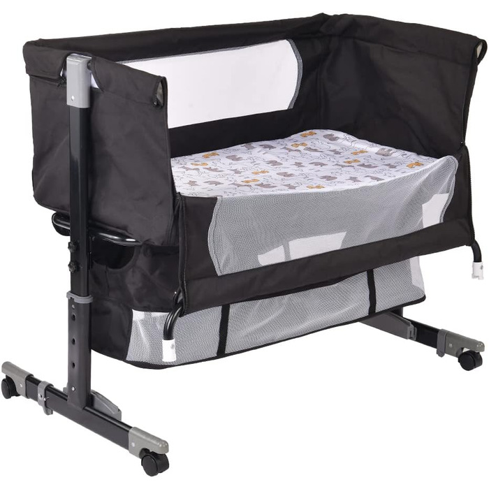 Дитяча колиска LANTUS, люлька, дорожнє ліжечко, складне дитяче ліжечко, бічне ліжко, колиска-гойдалка з функцією гойдання, включаючи москітну сітку, матрац та сумку (92 * 58 * 70-90 см (чорна))
