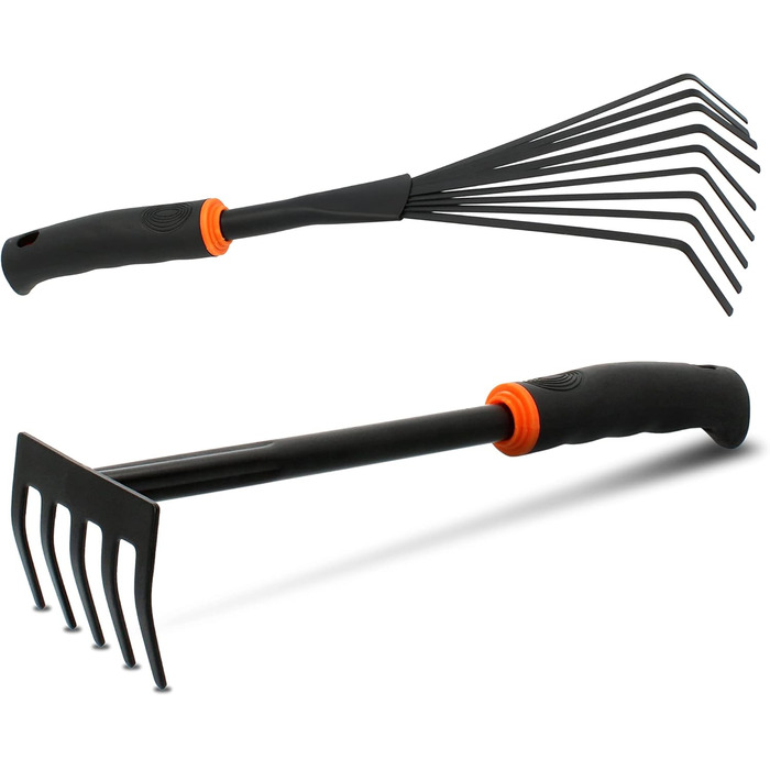 Набір садових інструментів 6 в 1 DE LUXE зі сталі 2 лопатки для квітів (6 см та 8 см), маленький грабель, комбінована сапка (подвійна сапка), культиватор, віяловий грабель (маленький віник) Компактний набір садових інструментів, 6 предметів