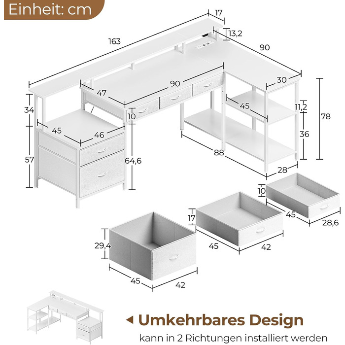 Г-подібний стіл Rolanstar з шухлядами, двосторонній ігровий стіл з розеткою, світлодіодним освітленням та підставкою для монітора, комп&39ютерний стіл 163 см для офісу, кабінету, спальні, білий