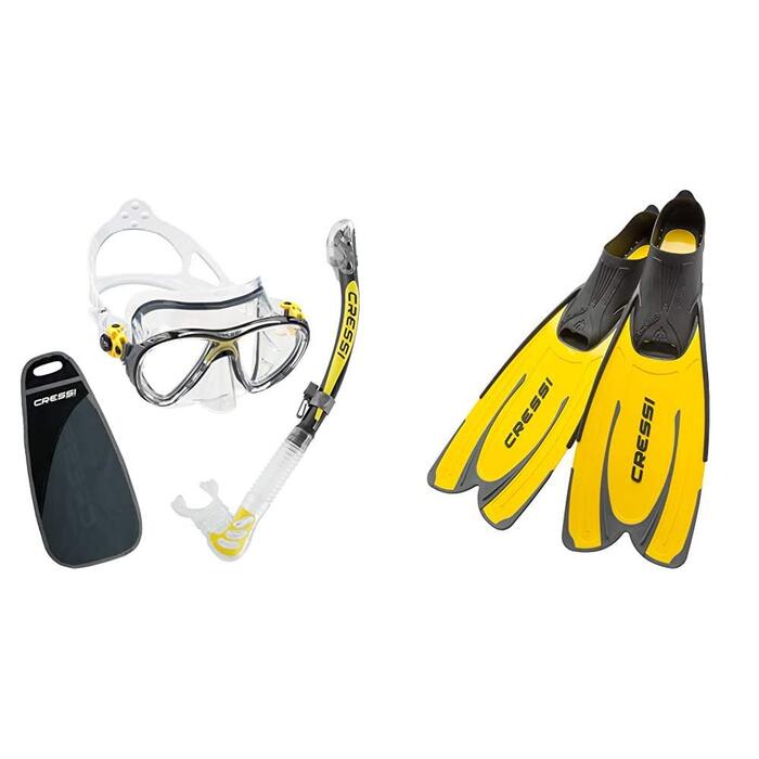 Набір для підводного плавання Cressi Big Eyes Evo Alpha Ultra Dry з трубкою та маскою для дайвінгу, водонепроникна маска для дайвінгу та Agua - унісекс преміум саморегульовані ласти для дайвінгу, жовті, 43/44
