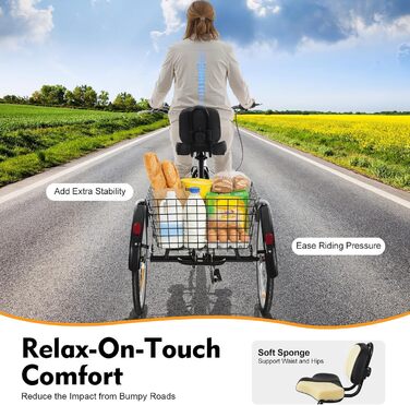 Дюймовий триколісний велосипед для дорослих, 7-швидкісний 3-колісний триколісний велосипед для покупок з кошиком, регульованим сидінням, міський велосипед, велосипед для відпочинку, триколісний велосипед для покупок для старших (чорний), 24-