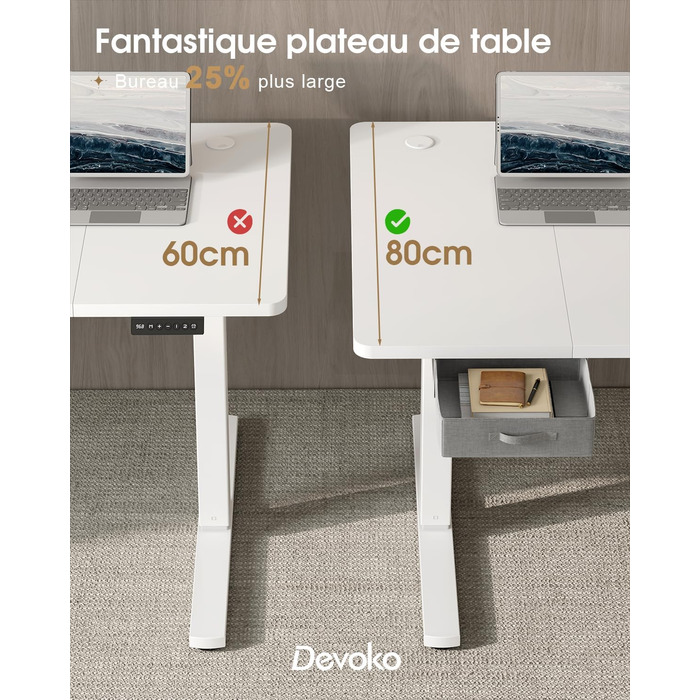 Письмовий стіл з регульованою висотою 160x80 см, Стіл з регульованою висотою та висувними ящиками, порт зарядки USB-A, комп&39ютерний стіл з лотком для кабелів, стіл для роботи стоячи з 3 функціями пам&39яті, білий, 160 x 80 см