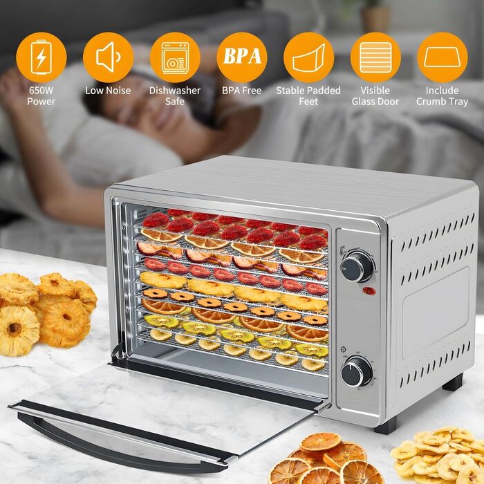 Дегідратор для їжі Skyehomo з нержавіючої сталі з рецептами, дегідратор 30 л з 8 решітками, які можна мити в посудомийній машині, 40-80C сухий з таймером на 24 години, 0,78 Дегідратор для їжі, дегідратор без BPA, м'ясо, фрукти, овочі 30 літрів