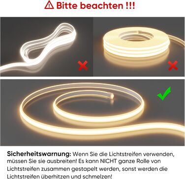 Світлодіодна стрічка Shine Decor COB 2м, AC 220-230V, IP65 Водонепроникна, SMD2025 286 LED/м, Надяскрава світлова лінія для кухні, саду та освітлення (2м, Теплий білий, Сертифікат CE). Теплий білий, 2 метри.