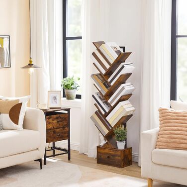 Книжкова полиця HOOBRO з шухлядою, 9-ярусна окремостояча полиця, книжкова полиця у формі дерева, полиця для DVD, окремостояча книжкова вежа, для вітальні, спальні, домашнього офісу, вінтажний коричневий EBF18SJ01G1 вінтажний коричневий чорний