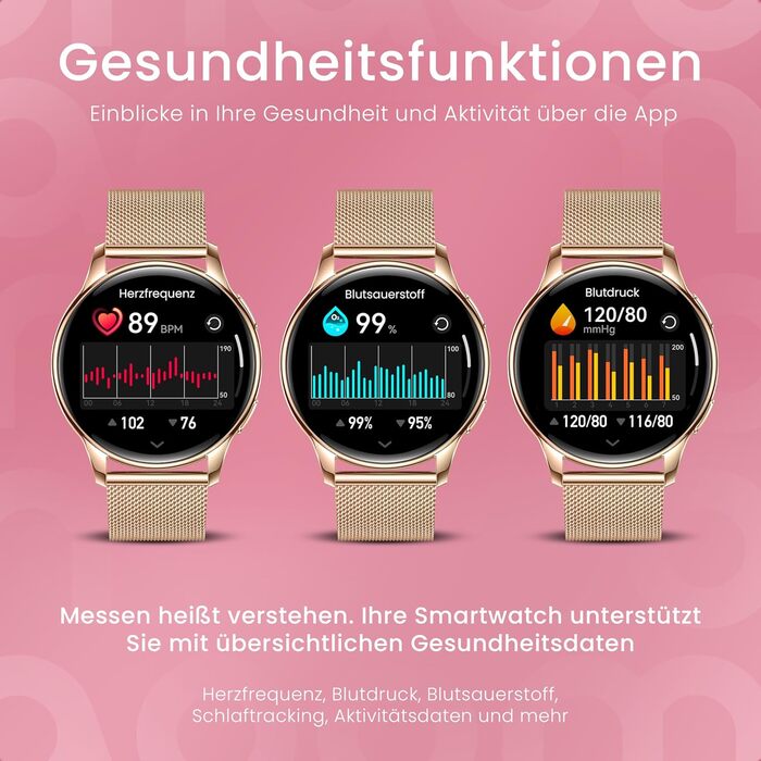 Розумний годинник maoo Ventura для жінок із функцією дзвінків, 1,32-дюймовий AMOLED-дисплей, монітор серцевого ритму, SpO, монітор артеріального тиску, понад 100 спортивних режимів, водонепроникність IP67, 5 ремінців рожевого золота