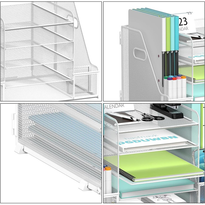 Сітчастий настільний органайзер з тримачами для файлів, 5-ярусний органайзер для лотків для паперу та листів з тримачами для журналів, настільний органайзер та місце для зберігання з шухлядою для офісного приладдя вдома чи в школі, білий