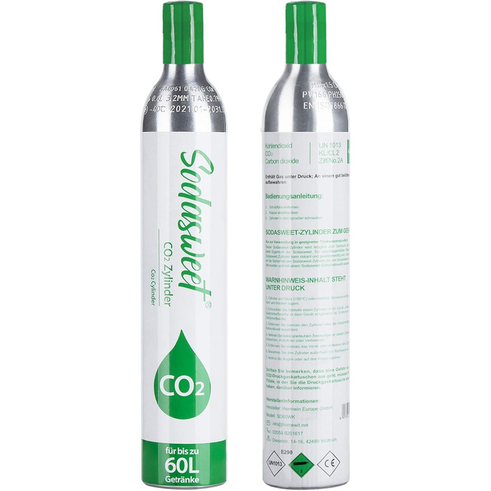 Циліндр CO2, новий і вперше заповнений у Німеччині, циліндр з вуглекислим газом циліндр для газованої води 425 г вуглекислого газу приблизно для 60 л води, підходить для виробників газованої води Sodastream тощо, 10 років TV, 2 шт.