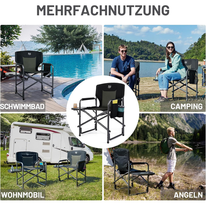 Складане кемпінгове крісло TIMBER RIDGE з 2 предметів, надлегке 3,3 кг, крісло директора, складне, вантажопідйомність 180 кг, з бічним столиком, рибальське крісло з бічною кишенею та тримачем для напоїв, портативне для кемпінгу, риболовлі, пляжу, пікніка,