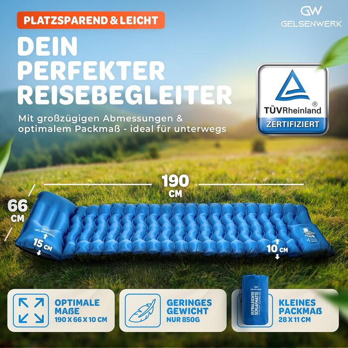 Ультралегкий кемпінговий килимок для сну 10 см та компактний розмір у упаковці - Надувний матрац для кемпінгу з ножним насосом та подушкою - Ізоляційний килимок для сну на відкритому повітрі для походів та кемпінгу