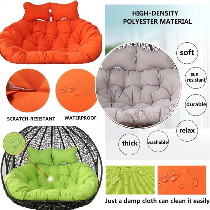 Яйцеподібна подушка для подвійного підвісного шезлонга-гойдалки, м&39яка, глибока подушка, подушка для двомісного крісла-гойдалки для використання на вулиці з ремінцями, повністю наповнена, не згинається (кавовий колір)