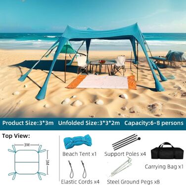 Пляжний намет, сонцезахисний намет для пляжу, великий намет від сонця для вулиці на 6-8 осіб, захист від ультрафіолету для кемпінгу на пляжі, риболовлі та пікніків (синій)
