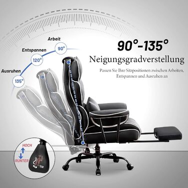 Ігрове крісло, Ергономічне офісне крісло, Крісло керівника зі штучної шкіри, Вантажопідйомність 200 кг з підставкою для ніг та поперековою опорою, Крісло для домашнього офісу, Регульоване крісло з високою спинкою, Обертове крісло (Чорне)