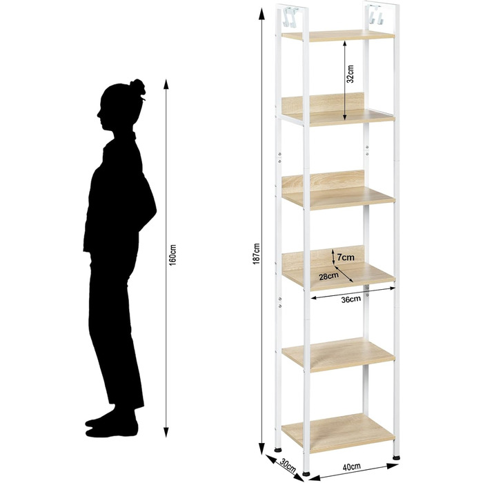 Ярусна полиця для зберігання WOLTU, кухонна полиця з 4 гачками, книжкова полиця в індустріальному стилі, окремостояча полиця для вітальні/кухні, вузька драбина, білий світлий дуб, 40x30x187 см, 6-