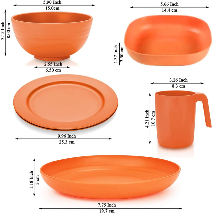 Набір пластикового посуду Kyraton, 20 предметів, небиткі легкі тарілки, чашки, миски, кемпінговий посуд, легко переносити та мити, можна мити в посудомийній машині, для 4 осіб, 1 різнокольоровий