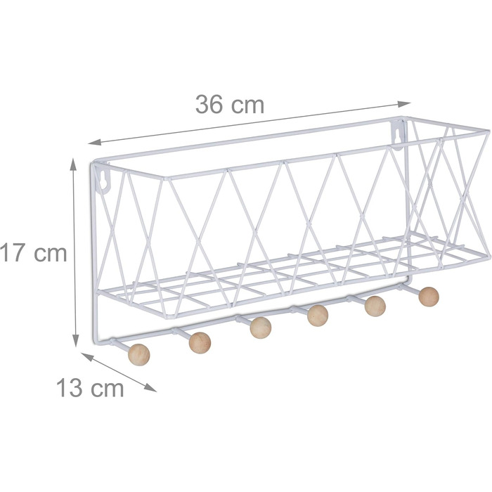 Настінна полиця Relaxdays з рейкою для гачків, метал та дерево, решітка, настінна вішалка для одягу 6 гачків, ВхШхГ 17 x 36 x 13 с