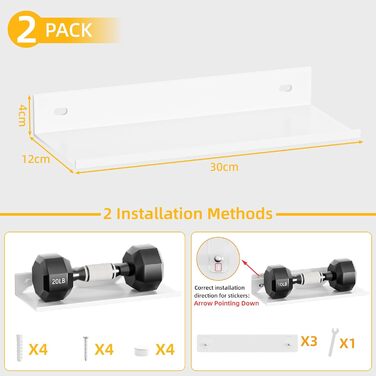 Біла настінна полиця, не потребує свердління, комплект з 2 шт. , сучасна металева плаваюча полиця, настінна полиця для ванної кімнати, декоративна клейка настінна полиця для вітальні, спальні, їдальні, офісу, біла 30 см, 30