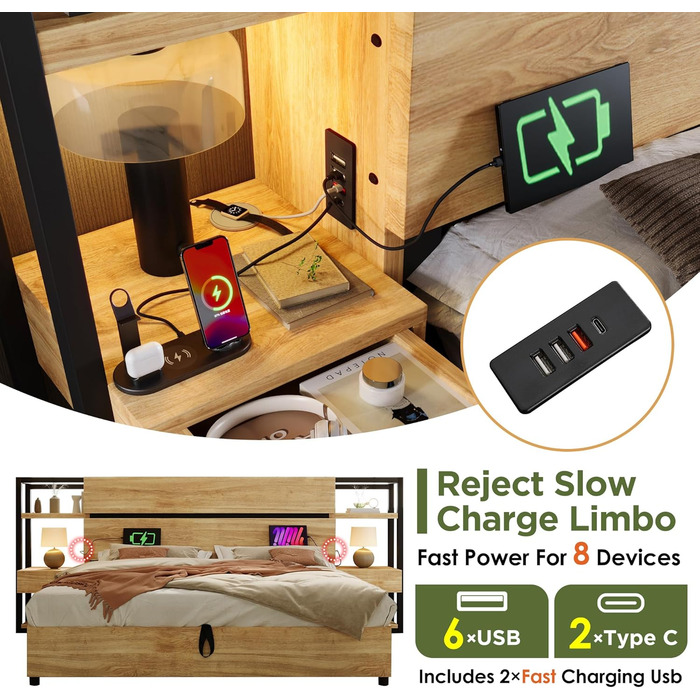 Двоспальне ліжко 180x200 з тумбочкою, узголів&39ям для зберігання речей з шухлядами та функцією зарядки USB Type-C, гідравлічне ліжко для зберігання речей, дерев&39яний каркас ліжка, дитяче ліжко, доросле ліжко, без матраца, дуб, без матраца 180x200 см