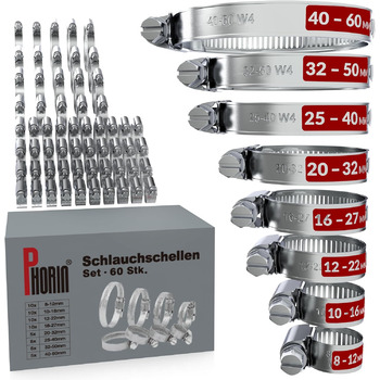 Набір 8 розмірів від 8-60 мм Хомути для шлангів - Хомут для труб, Хомут для шланга з нержавіючої сталі 304 - Ідеально підходить для автомобіля, будинку, саду тощо, 60 шт.
