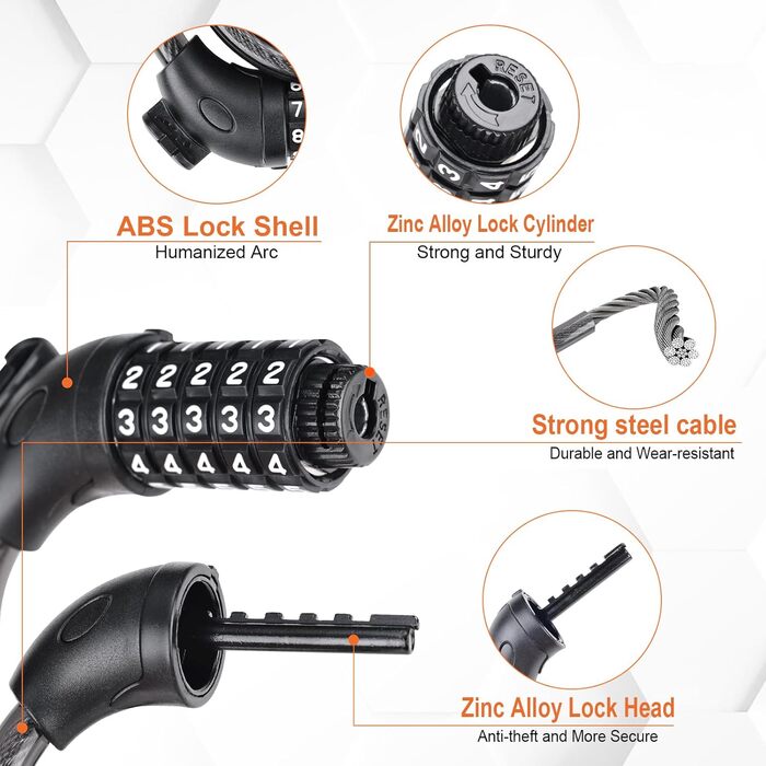 Дитячий велосипедний замок, 120 см, захист від крадіжки, кабельний замок з 5-значним кодом, для велосипедів, мотоциклів, скутерів, чорний. Замок з кодовим механізмом., 1203-12