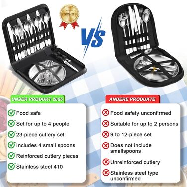Набір посуду для кемпінгу на 4 особи, столові прибори з нержавіючої сталі (виделки, ножі та ложки), з чохлом для зберігання, портативний набір для пікніків, барбекю та відпочинку на природі