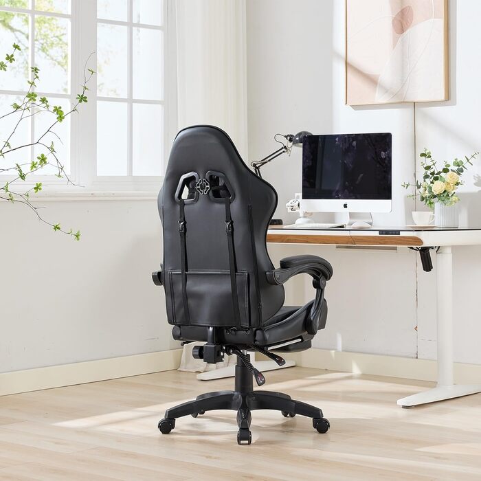 Ергономічне шкіряне ігрове крісло з поворотом на 360, регульоване по висоті офісне крісло з підставкою для ніг, підголівником та поперековою опорою, гоночний дизайн, для офісу та ігор, чорне, 64,5x52x116,5 см