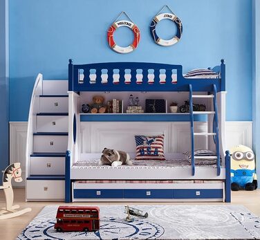 Дитяче двоярусне ліжко JooTech ліжко-горище дитяче ліжко функціональне ліжко зі сходами з полицею з ящиками 3 спальних місця синій