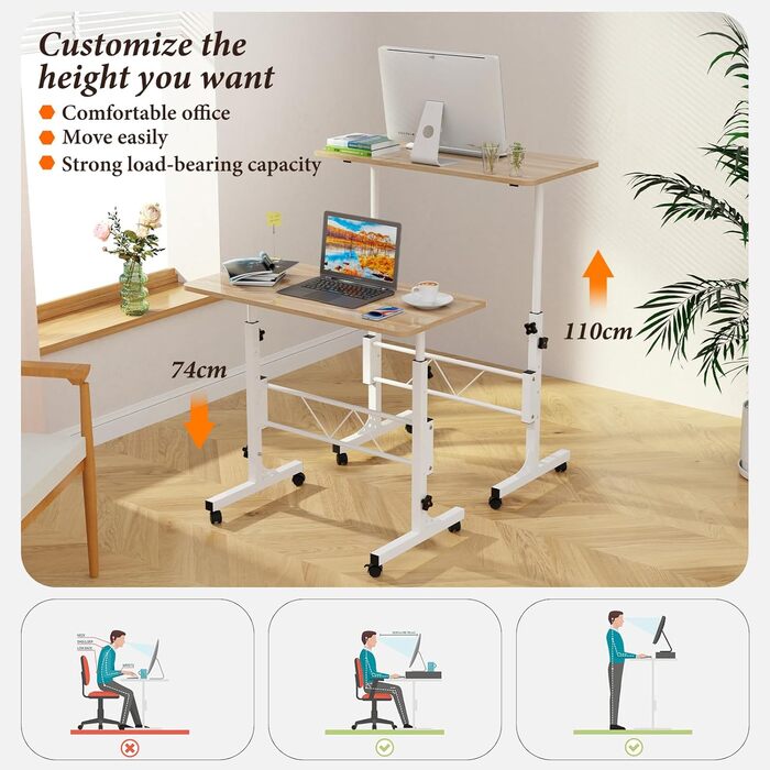 Невеликий письмовий стіл, регульована висота 75-110 см, компактний стіл для роботи стоячи для невеликих приміщень, стіл для ноутбука для домашнього офісу та вітальні (клен 80 x 40 x 110 см)