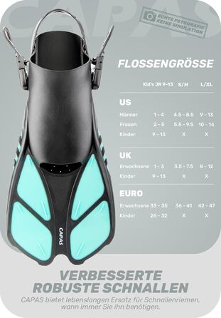 Ласти для плавання CAPAS, ласти для плавання дорожнього розміру, короткі, регульовані для підводного плавання та дайвінгу, ласти для дайвінгу з відкритою п&39ятою, зелені, S/M (дорослі 36-41)