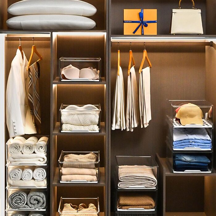 Прозора, штабелювана шафа-коробка для зберігання, полиця з ПЕТ, органайзер, шухляда, гардеробна, буфет, контейнер для спальні, кухні, 41,9 x 30,5 x 16,5 см