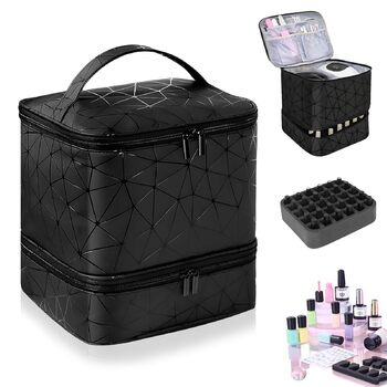 Портативна сумка для зберігання лаку для нігтів HA BIN, двошарова сумка-органайзер для лаку для нігтів на 30 пляшечок 1 лампа, водонепроникна з відділеннями, косметичка для подорожей, чорна