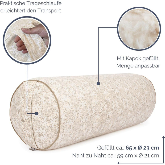 Больстер для йоги Бодхі Ø 22 см Колекція Махараджа Больстер для йоги зі 100 бавовни Ролик для йоги з волокнами капок Подушка для відновлювальної та Інь-йоги з листям Бодхі / темно-зелений