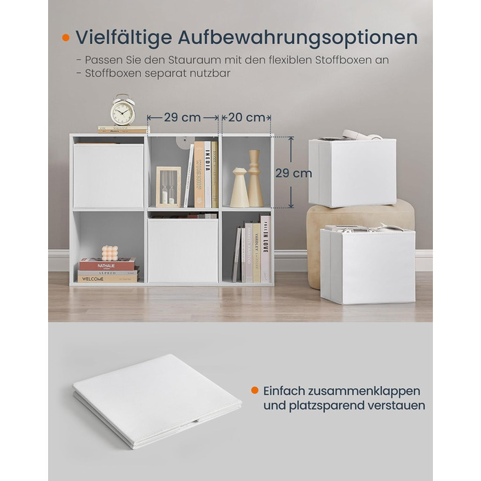 Книжкова полиця SONGMICS HOME, надшвидке складання без інструментів, технологія без інструментів, 6-рівнева полиця, окремостояча полиця, 4 шухляди з тканини, система полиць, 27 x 83 x 61,6 см, білосніжний LBC196W01, 6 рівнів (61,6 висоти см)