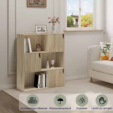 Книжкова полиця eSituro, стояча полиця з 3 дверцятами та 9 відділеннями, кубічна полиця, полиця для дитячого офісу, окремостояча полиця для вітальні, спальні, світлий дуб