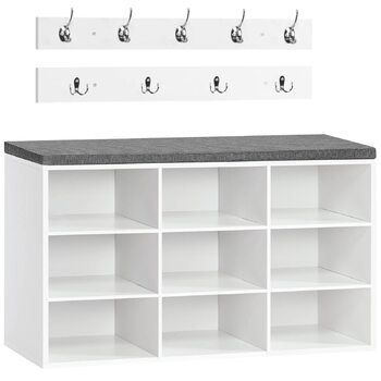Комплект полиць для взуття HOOBRO, лава для взуття з 9 гачками, полиця для взуття з м&39якою лавкою, настінна вішалка для пальто з 9 гачками, шафа для взуття для коридору, вхідної зони, спальні, білий EWT89HX01 білий сірий 80 см x 30 см x 48 см (Д x Ш x В
